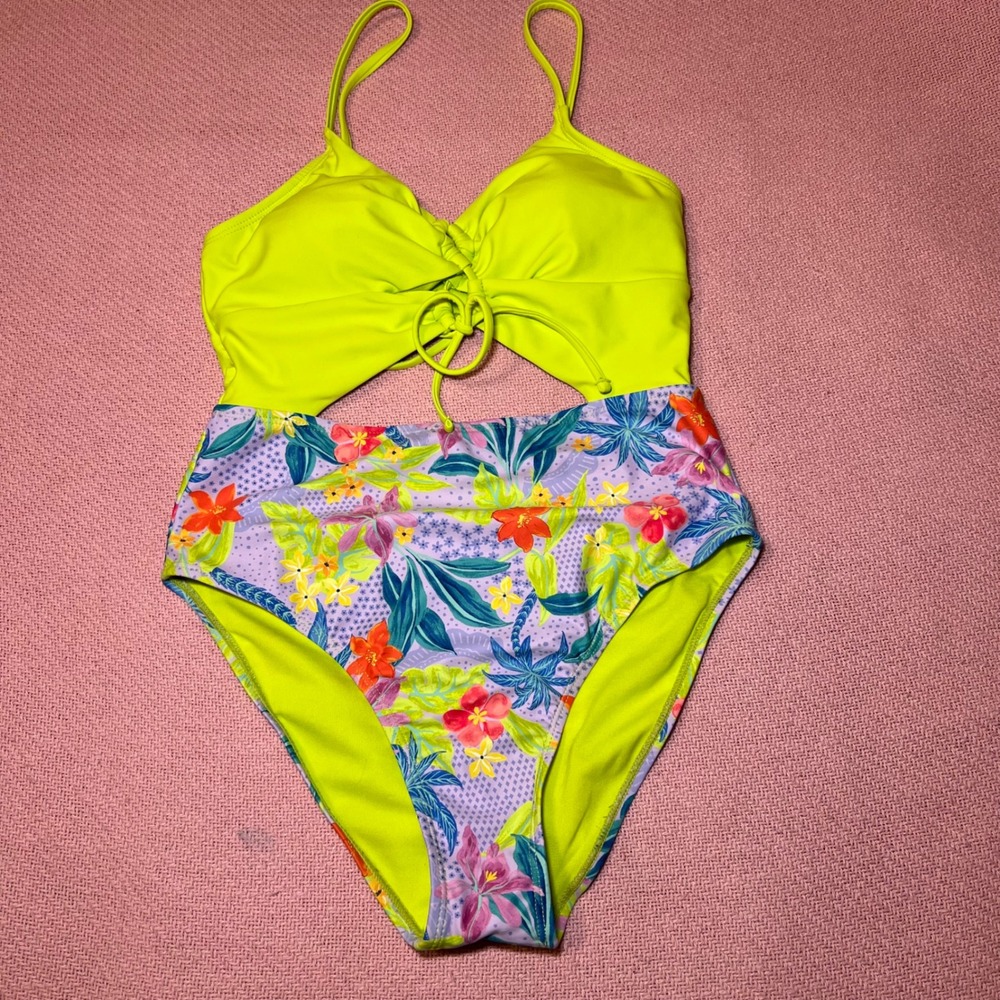 Blu C One Piece Swimsuit Neon Lime Green Tropical Floral Cutout Tie Front Medium